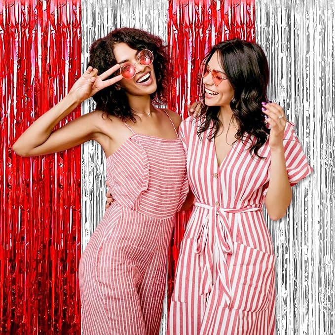 3 Pack Red Silver Foil Fringe Curtains Backdrop, 3.28 x 9.8 Ft Metallic - Image 5