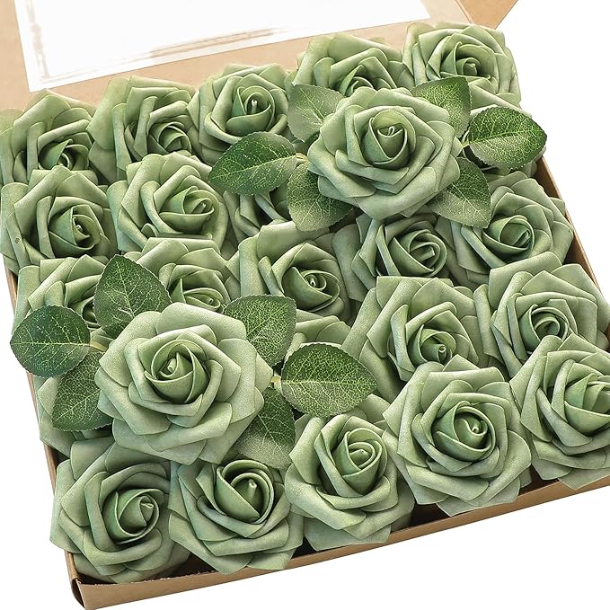 Floroom Artificial Flowers 25pcs Real Looking Elf Green Foam Fake Roses by Floroom