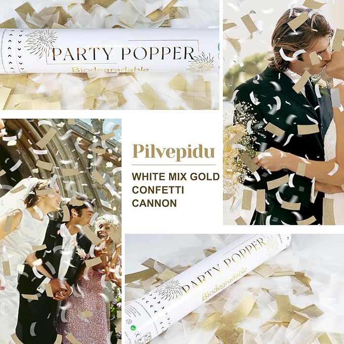 White Mix Gold Rice Confetti Cannon, 12inch Party Poppers - Image 7