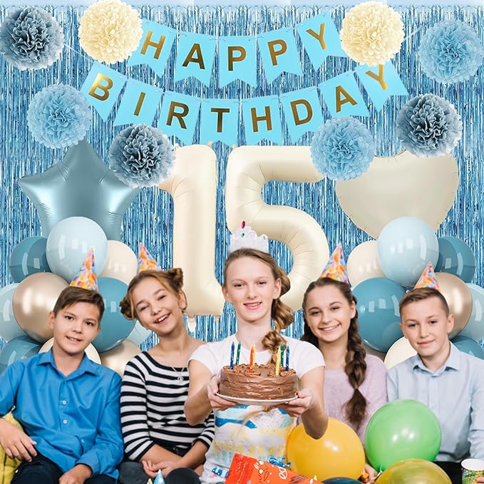 Dusty Blue 15th Birthday Party Decorations Boys Girls Beige Cream Number 15 - Image 3