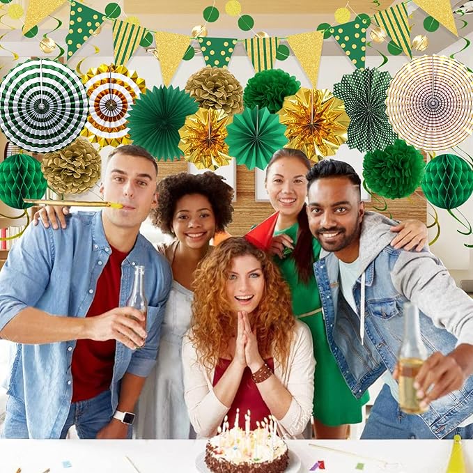 Green Gold Party Decorations Paper Fans, Graduation Season Hanging Glitter - Image 6