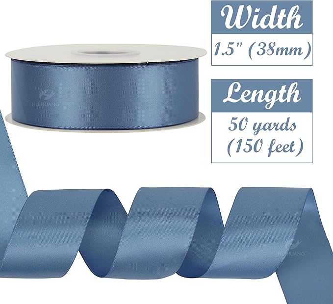 HUIHUANG 1-1/2 inch Double Face Satin Ribbon, Polyester Satin Smoke Blue Ribbon - Image 2