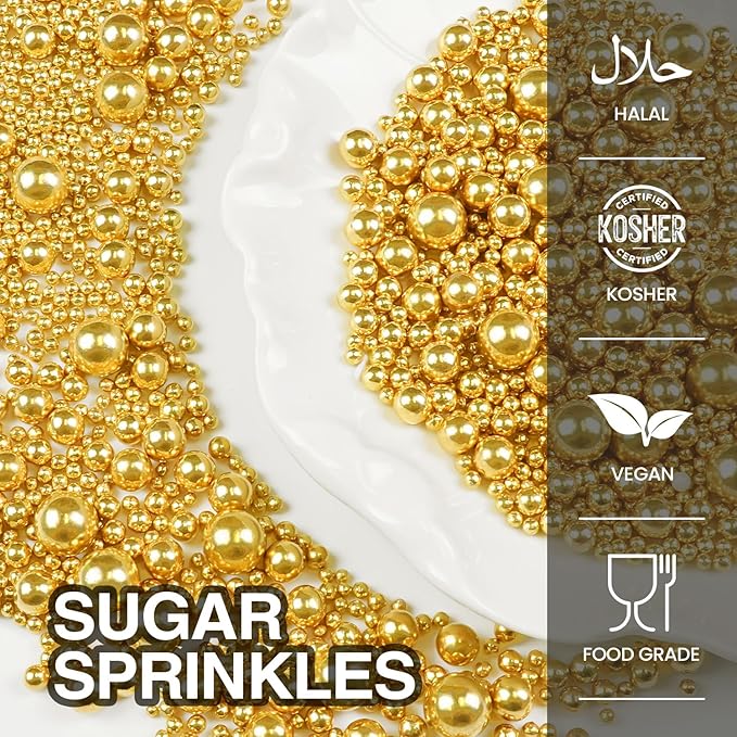 Gold Pearl Sprinkles for Cake Decorating, 150g/5.29oz, Mix Size, Edible Sugar - Image 6