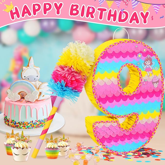 Number 9 Pinata for Birthday Party Decorations, Unicorn Mermaid Theme Pink - Image 2