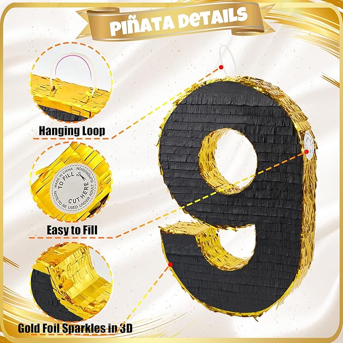PCFING 20 Inch Number 9 Piñata Gold Black - Image 4