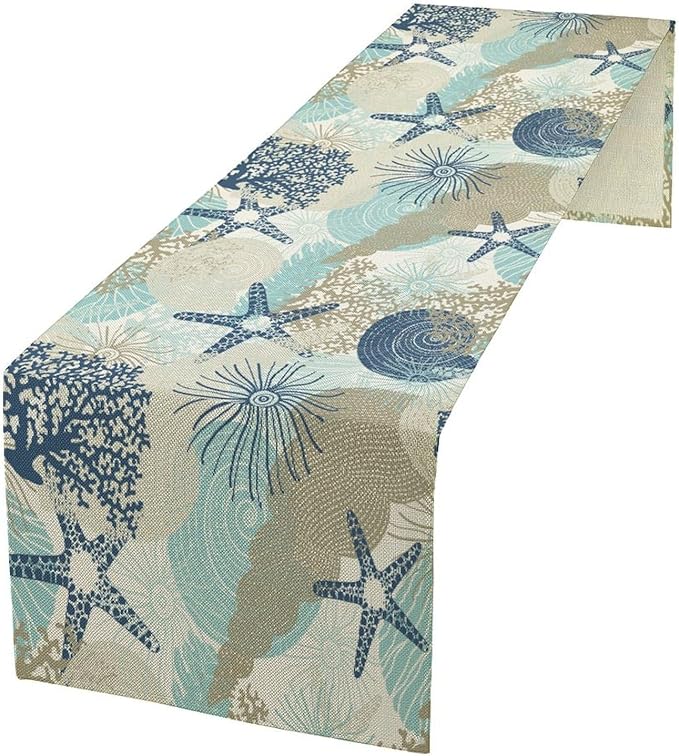Nautical Coastal Table Runner，Ocean Themed Starfish Coral Conch Beach Kitchen by ICMOLYYENLO