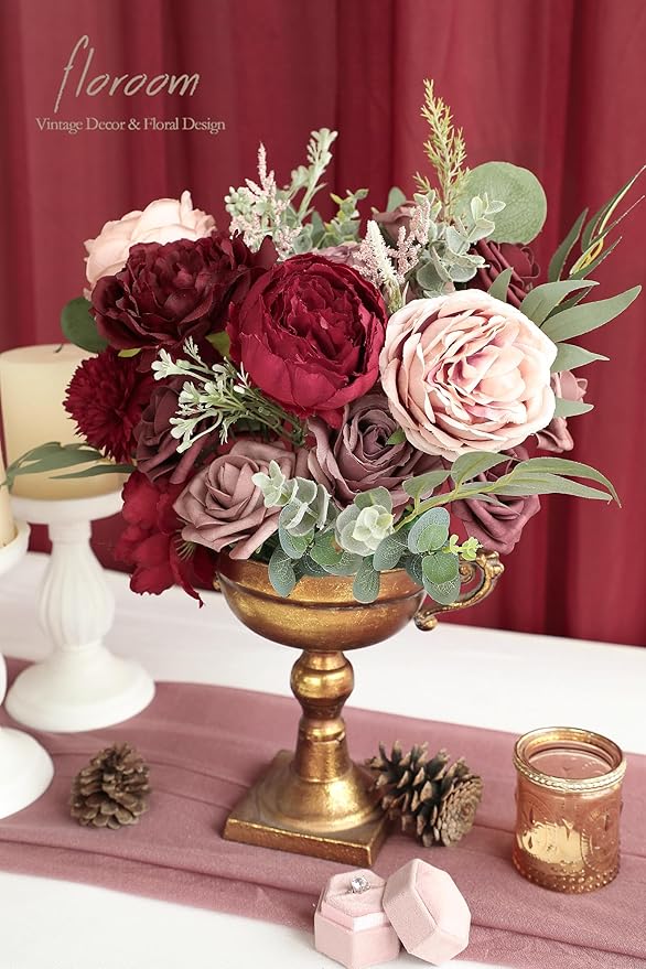 Floroom Burgundy Mauve Artificial Flowers Marsala Fake Roses Peonies and - Image 2