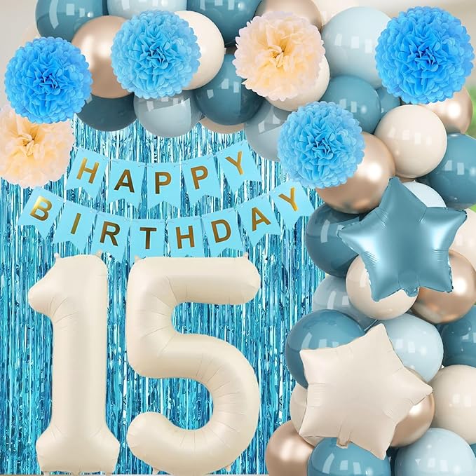 Dusty Blue 15th Birthday Party Decorations Boys Girls Beige Cream Number 15 - Image 5
