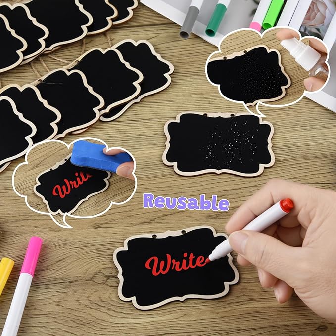 NEBURORA 24 Pcs Mini Erasable Wood Chalkboard Signs - Image 4