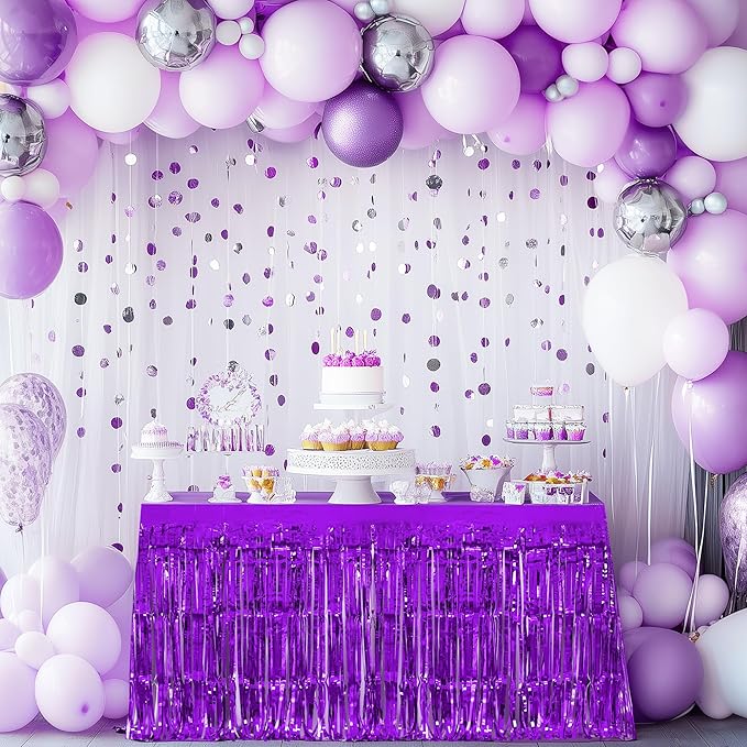 2 Pack Dark Purple Table Skirts, 29x108" Metallic Foil Tinsel Fringe Table - Image 2