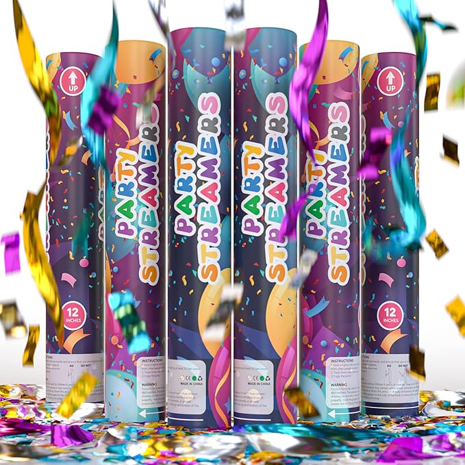 No Mess Streamer Confetti Cannon Party Poppers | 6 Pack | Multicolor Streamers by TURPartySupplies
