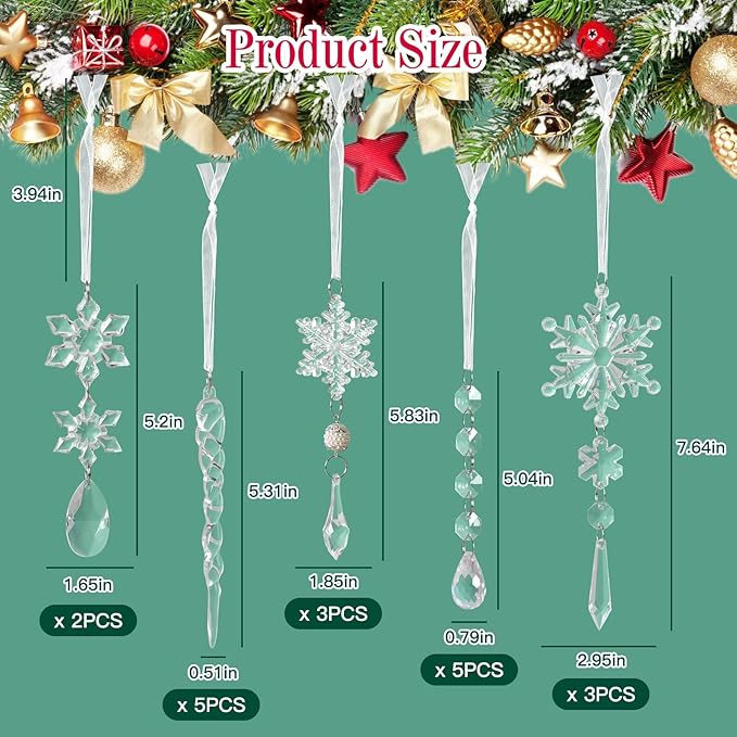 AuroTrends Christmas Tree Decorations 18Pcs, Acrylic Crystal Ornaments - Image 3
