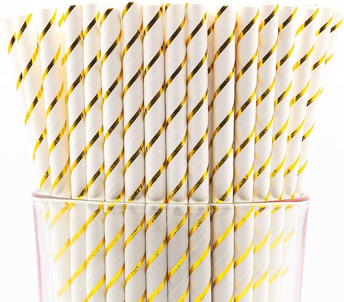 Pack of 900 Gold Foil Stripes Biodegradable 4-Ply Paper Drinking Straws by Stephanie+Imports