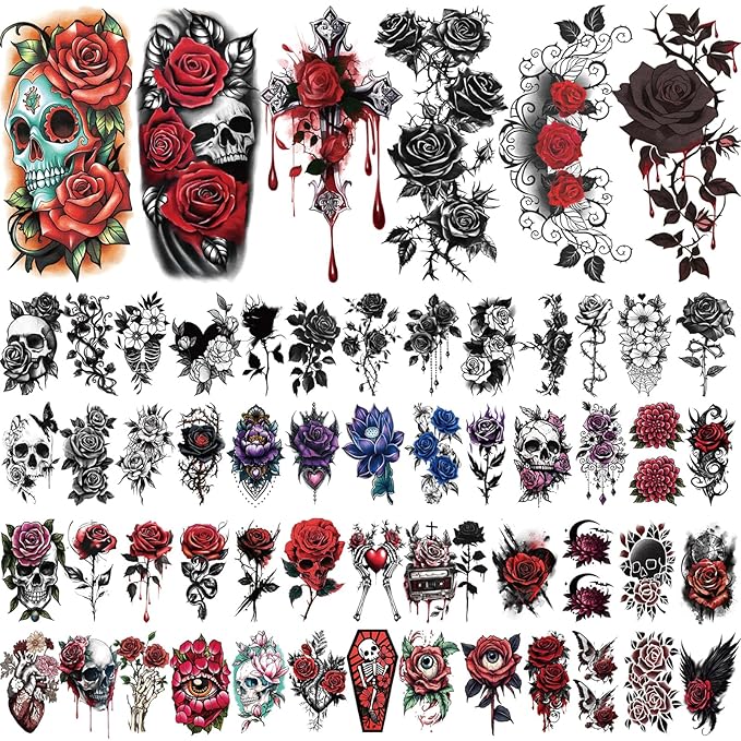 77 Sheets Skull Flower Realistic Temporary Tattoos - Image 2
