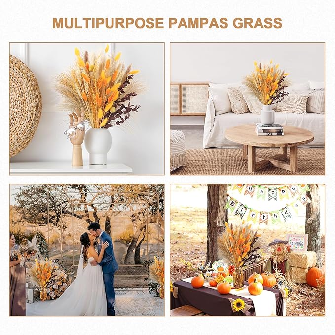Fall Home Decor 104Pcs Orange Pampas Grass Autumn Dried Flowers Decorations - Image 6