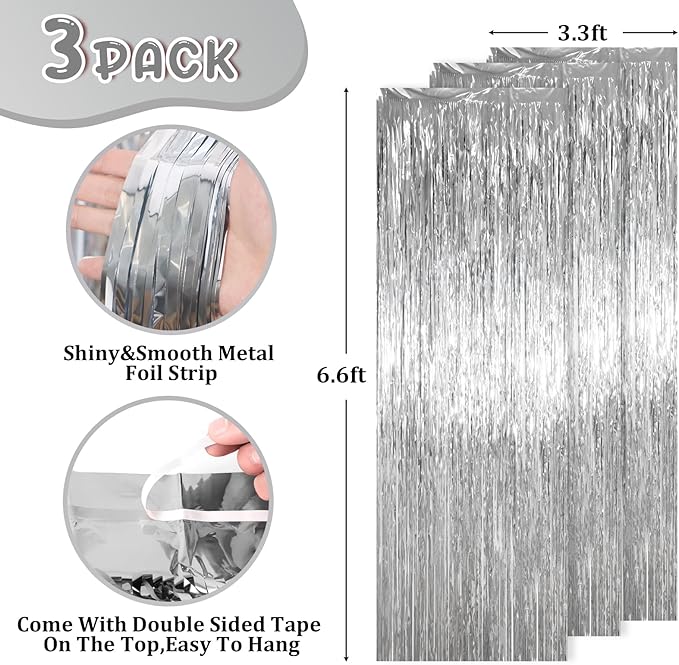 3 Pack 3.3 x 6.6 ft Silver Foil Fringe Backdrop Curtains, Tinsel Streamers - Image 3