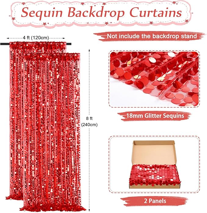 4ftx8ft Red Sequin Backdrop 2 Panels Big Payette Sequin Fabric Background - Image 3