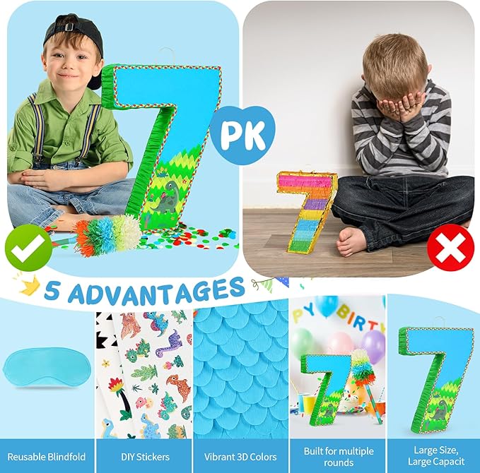 Number 7 Pinata for Birthday Party Decorations, Jungle Dinosaur Piñata Games Toy - Image 7