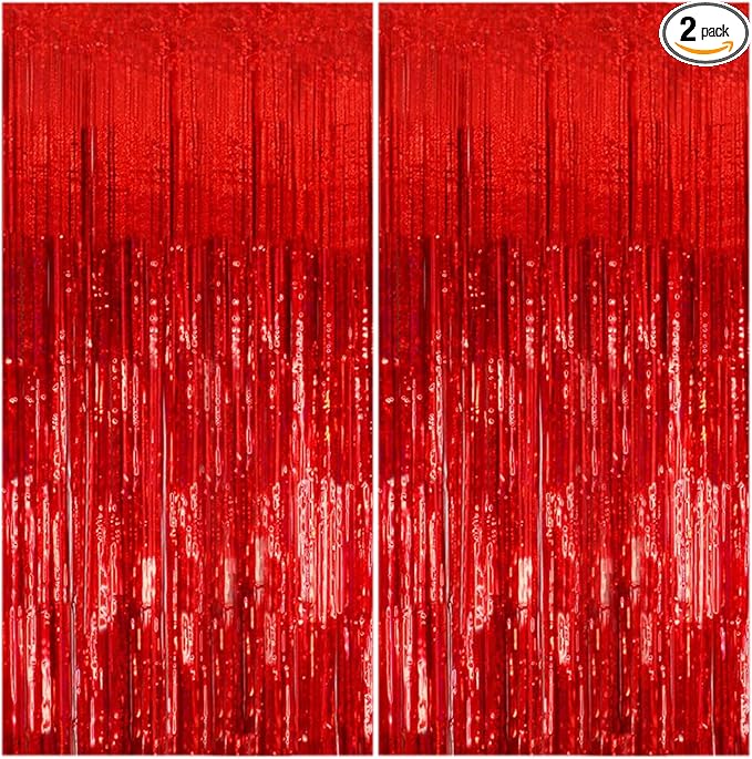 2 Pack Foil Curtain Backdrop Red Metallic Tinsel Foil Fringe Curtains Photo by KEJ