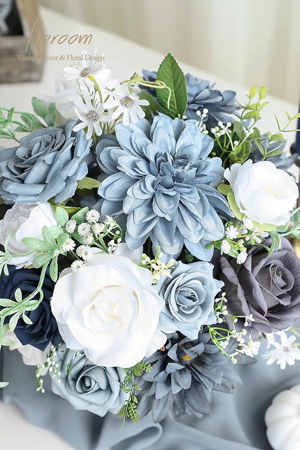 Floroom Dusty Blue Navy Artificial Flowers Fake Roses Peonies Dahlias and - Image 5
