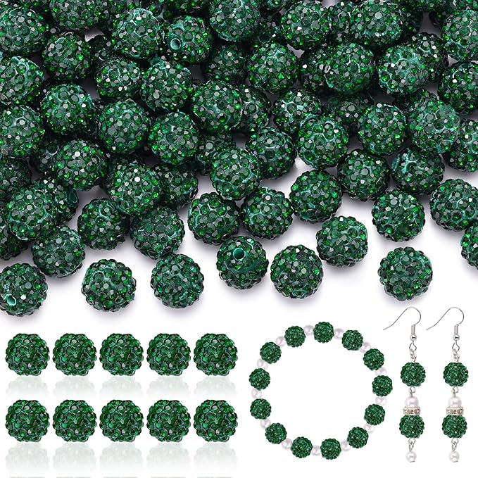 105pcs 10mm Rhinestone Beads for Jewelry Making, Dark Green Shiny Round Disco by TINKRSTUFF