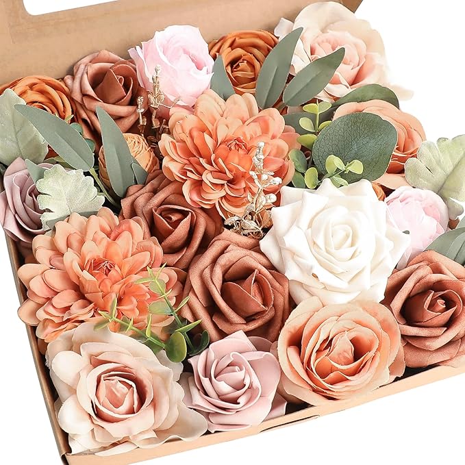 Floroom Terracotta Artificial Flowers Burnt Orange Fake Roses Peonies Dahlias by Floroom