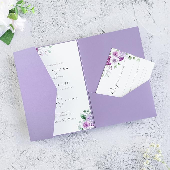 20 PCS Lilac Tri-fold Laser Cut Wedding Invitation Pockets by FEIYI