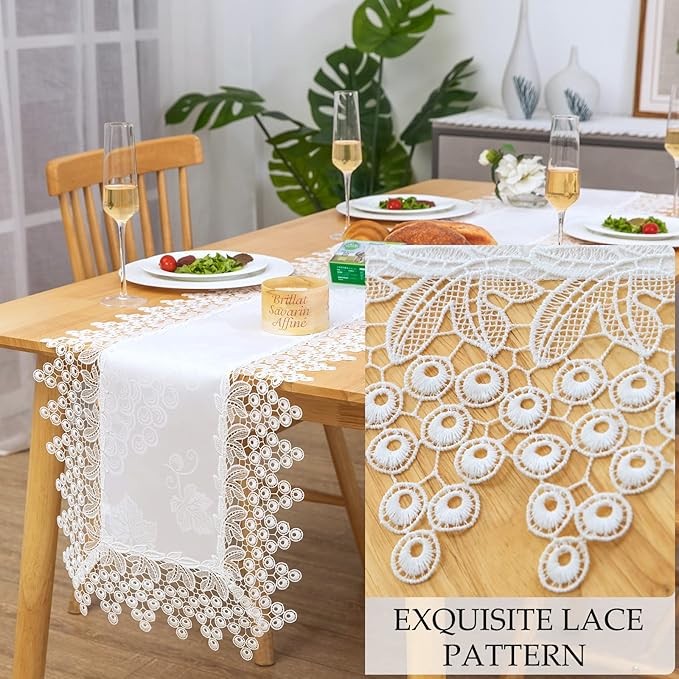 White lace Premium Rectangle Farmhouse Table Runner Waterproof OilProof - Image 3
