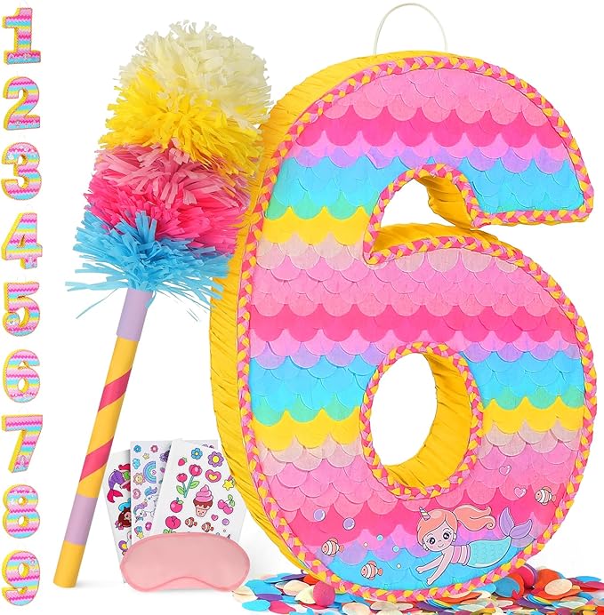 Number 6 Pinata for Birthday Party Decorations, Unicorn Mermaid Theme Pink by Pardecor