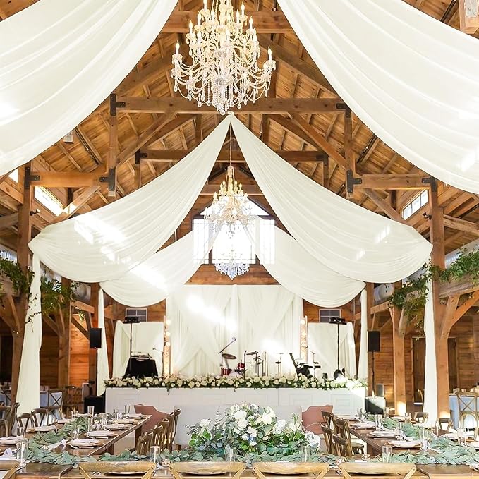 4 Panels Ivory Ceiling Drapes for Wedding 5ftx40ft Sheer Drapery Chiffon Fabric by REWOMC