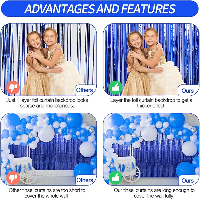 Crosize 3 Pack 3.3 x 9.9 ft Dark Blue Foil Fringe Backdrop Curtain, Streamer - Image 3