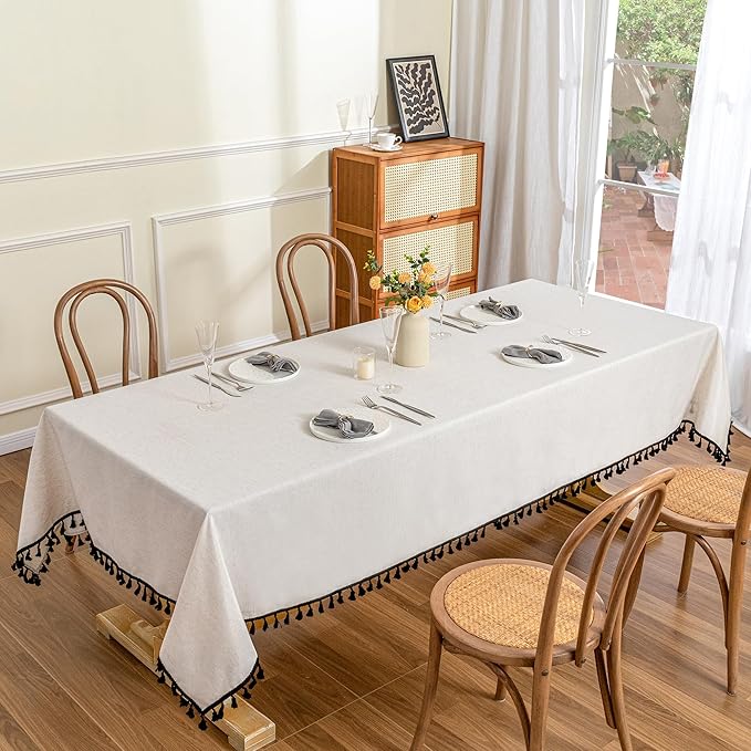 MYSKY HOME Table Cloth 60x84 in Rectangle Table, Cotton Tassel Linen Look - Image 2