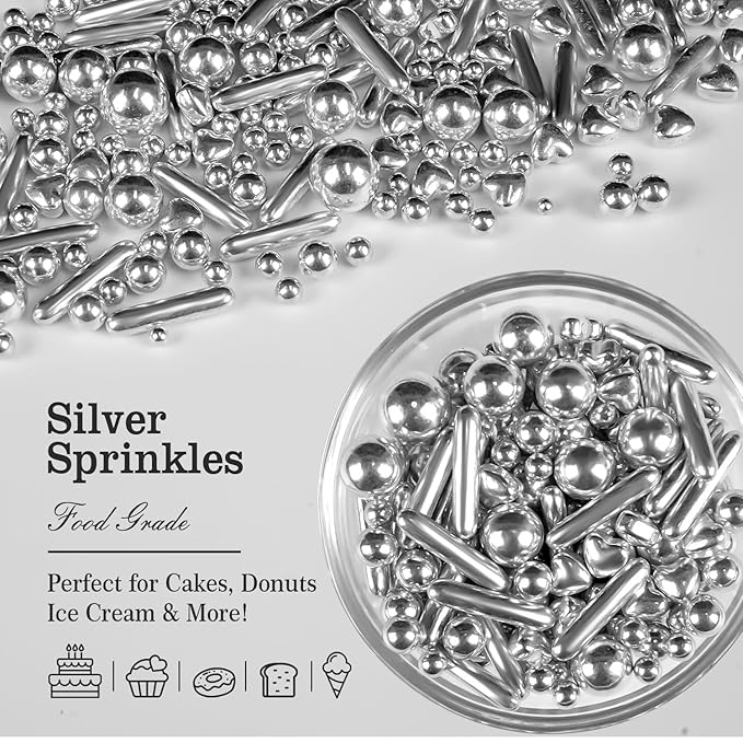 Silver Pearl Rods Heart Sprinkles, Baking Sugar, Mix Size, Cupcake Decoration - Image 3