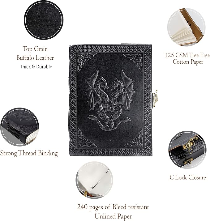 Handmade Leather Double Dragon Journal/Writing Notebook Diary/Bound Daily - Image 2
