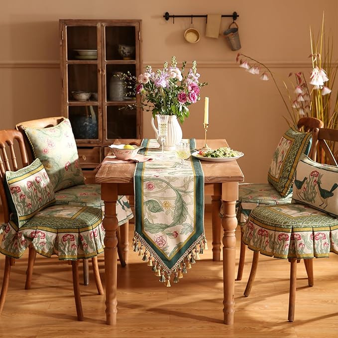 patdrea Designer Green Floral Extra Long Table Runner, French Elegant Vibrant - Image 2