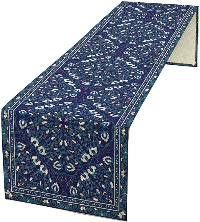 Boho Floral Vintage Table Runner, Retro Morris Abstract Blue Flower Rustic by Unknown