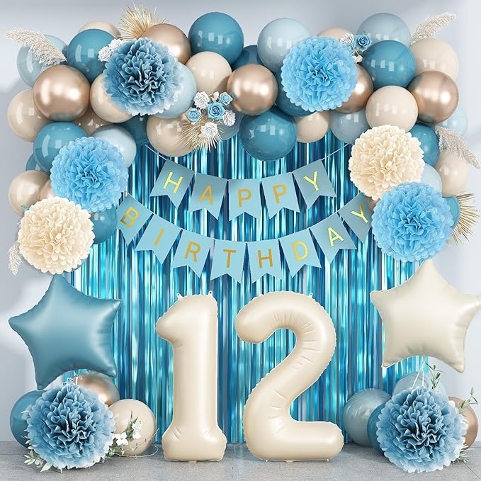 Dusty Blue 12th Birthday Party Decorations Boys Girls Beige Cream Number 12 by KAINSY