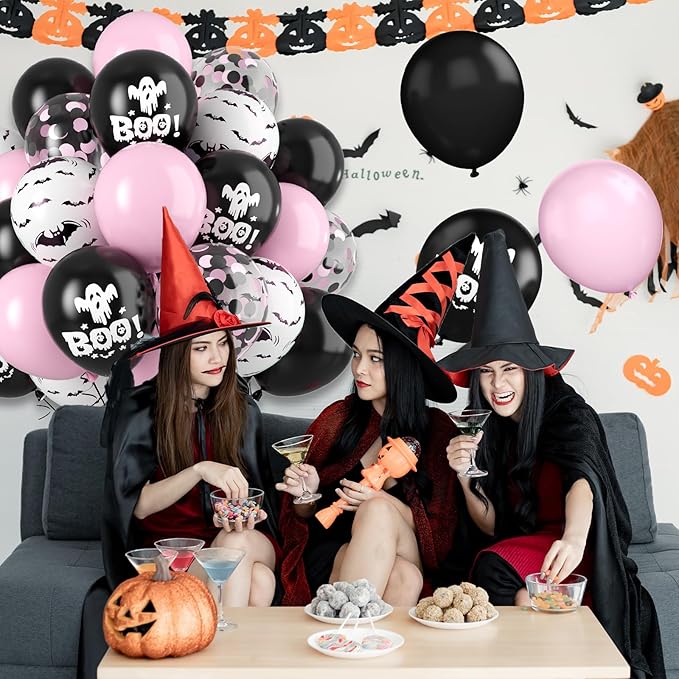 FunHot Halloween Party Balloons, 12 Inch Black Pink Confetti Balloons Bat Ghost - Image 4