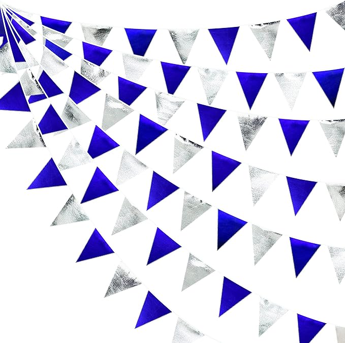 Royal Blue Silver Party Decorations Navy Blue Triangle Pennant Banner Flag by pinkblume