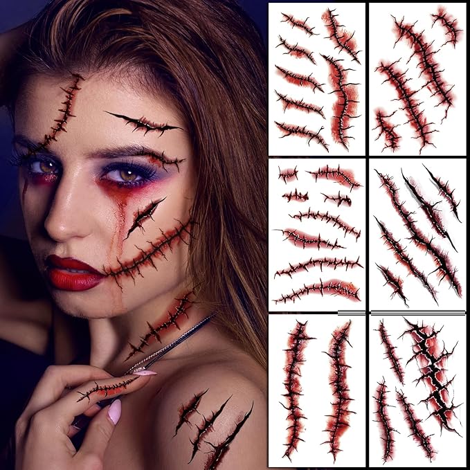 JCFIRE 12 Sheets Halloween Makeup Kit, Fake Scars Halloween Temporary Tattoos by JCFIRE