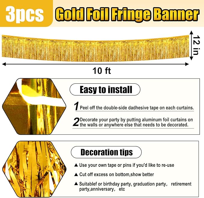 3 Pack 10 Long Gold Metallic Foil Fringe Garland Wall Hanging Tassle Banner - Image 2