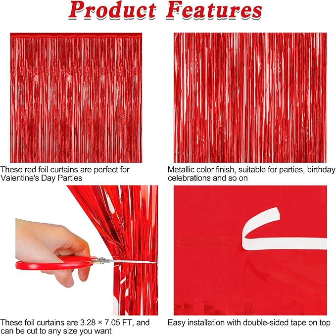 12 Pack Red Curtains, 3.28 FT x 7.05 FT Party Streamer, Metallic Party Backdrop - Image 4