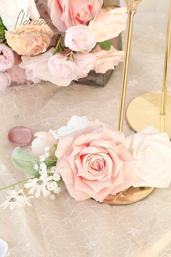 Floroom Blush Peach Pink Artificial Flowers Cream Fake Roses Peonies and - Image 3