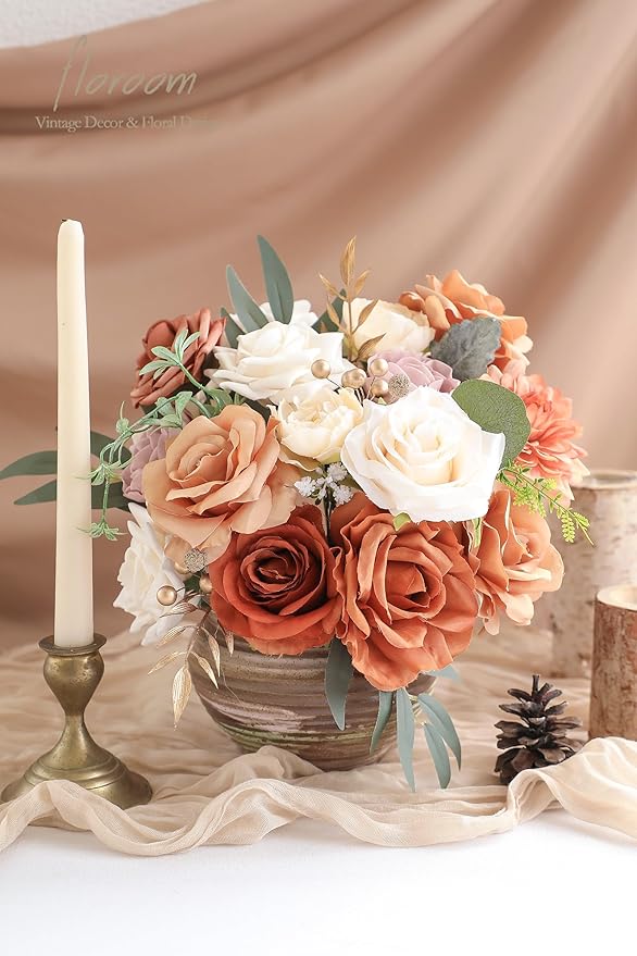 Floroom Terracotta Artificial Flowers Burnt Orange Fake Roses Peonies Dahlia - Image 4