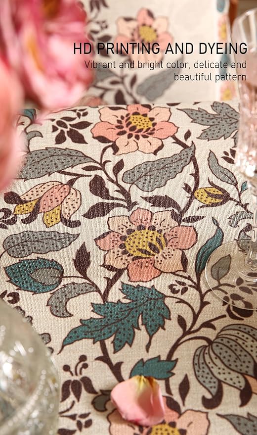ISAENNE Designer Boho Floral Small Round Tablecloth, Linen Lotus Flower Pattern - Image 4