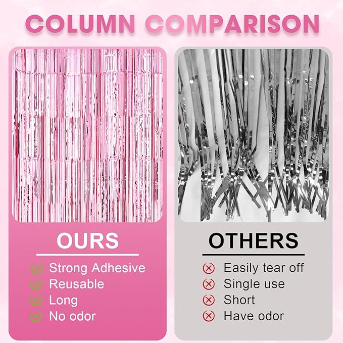 2 Pack Light Pink Foil Fringe Backdrop Curtains, Tinsel Streamers Birthday - Image 5
