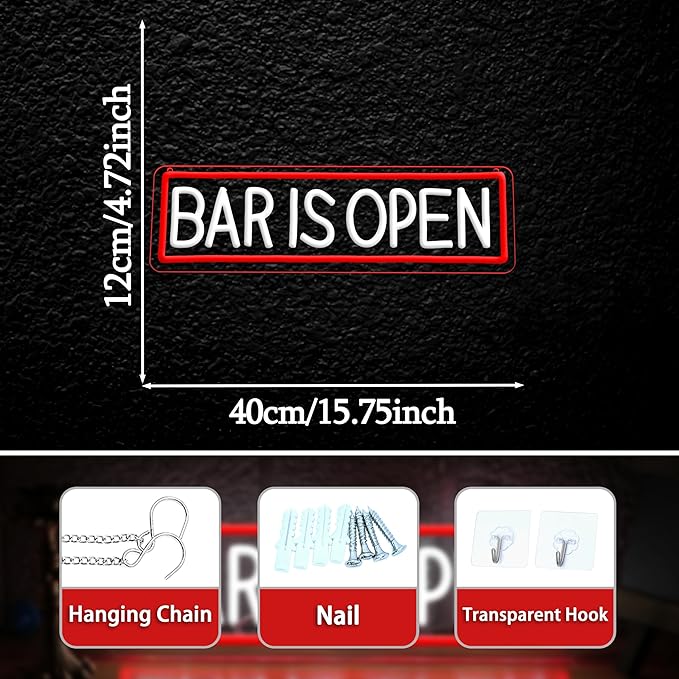 Bar Is Open Neon Sign for Wall Decor, USB Powered Led Bar Neon Sign Open Light - Image 4