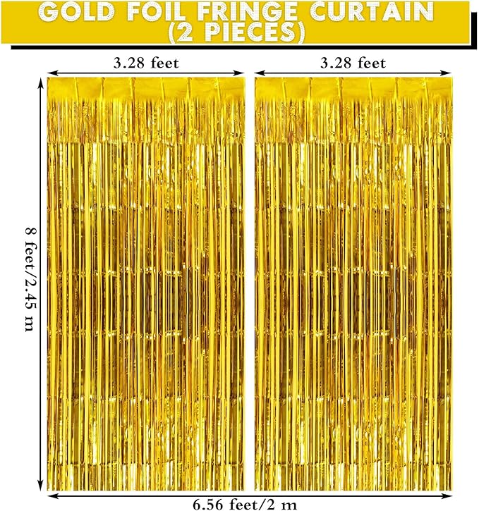 2 Pack Gold Fringe Curtains Foil Shiny Fringe Backdrop Tinsel Door Streamers - Image 2
