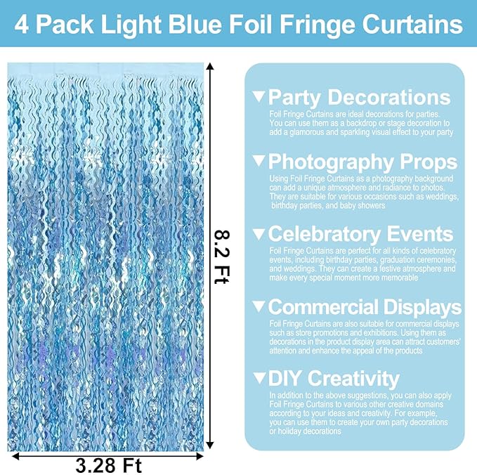 4 Pack Light Blue Wave Foil Fringe Curtain Backdrop, 3.28Ft x 8.2Ft Metallic - Image 2