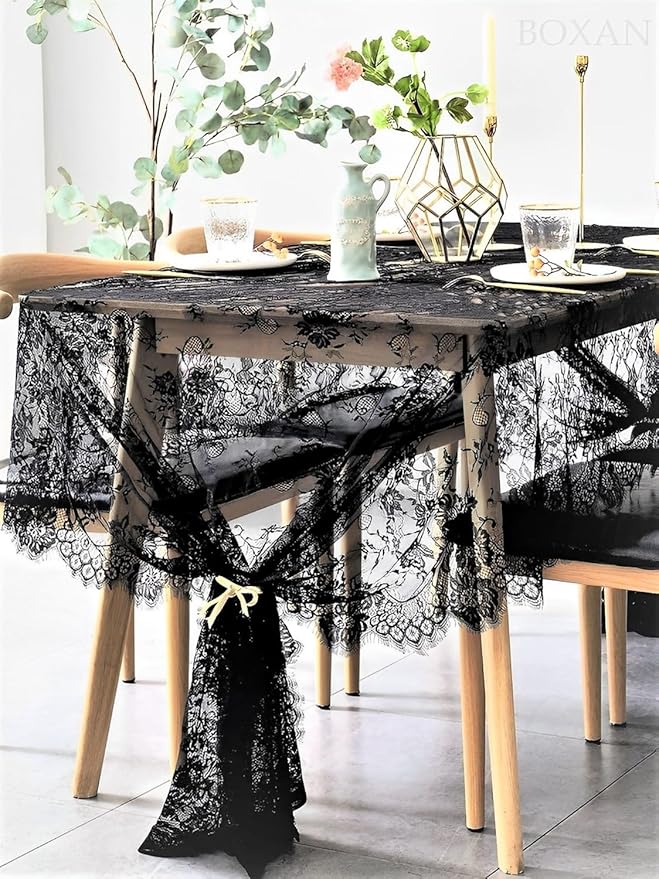 BOXAN Black Lace Tablecloth Overlay Rose Vintage Embroidered, Romantic Boho - Image 5
